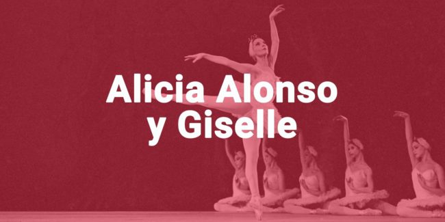 Alicia Alonso bailando ballet con otras bailarinas detrás de ella sobre fondo rojo